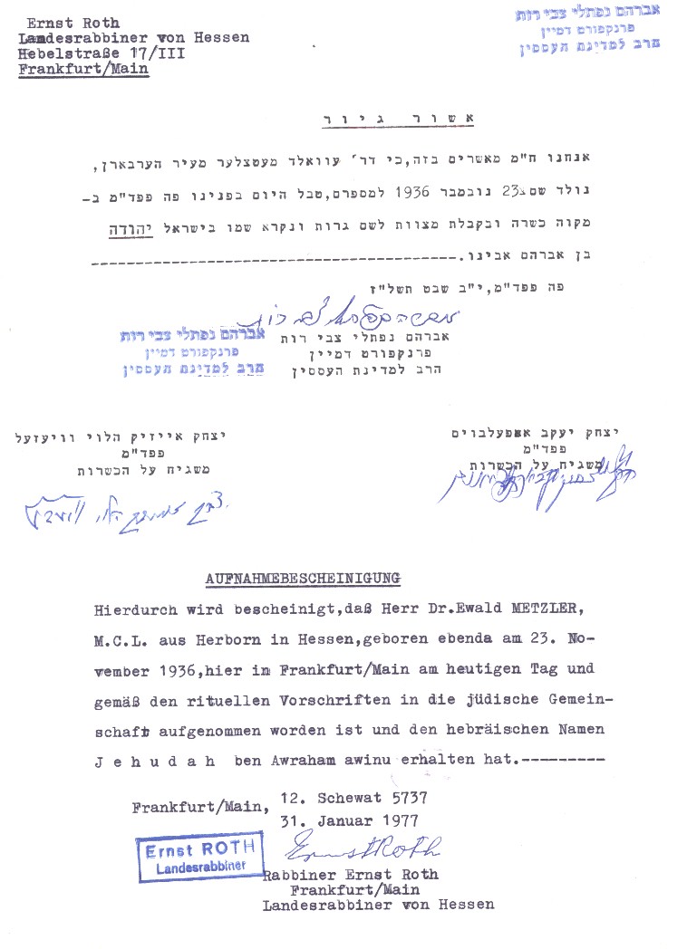 Certificate of Adoption into the Jewish community.